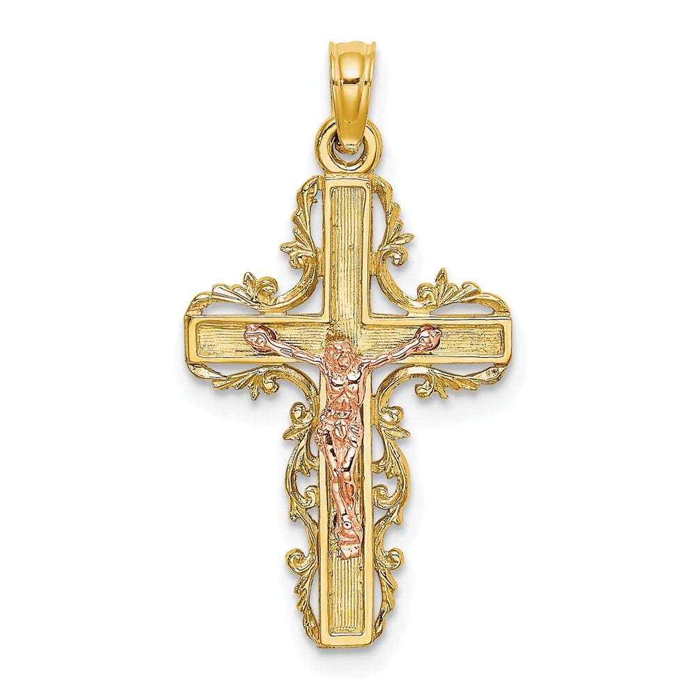 10K Two-Tone Gold Solid Polished Large with Lace Trim Crucifix Charm