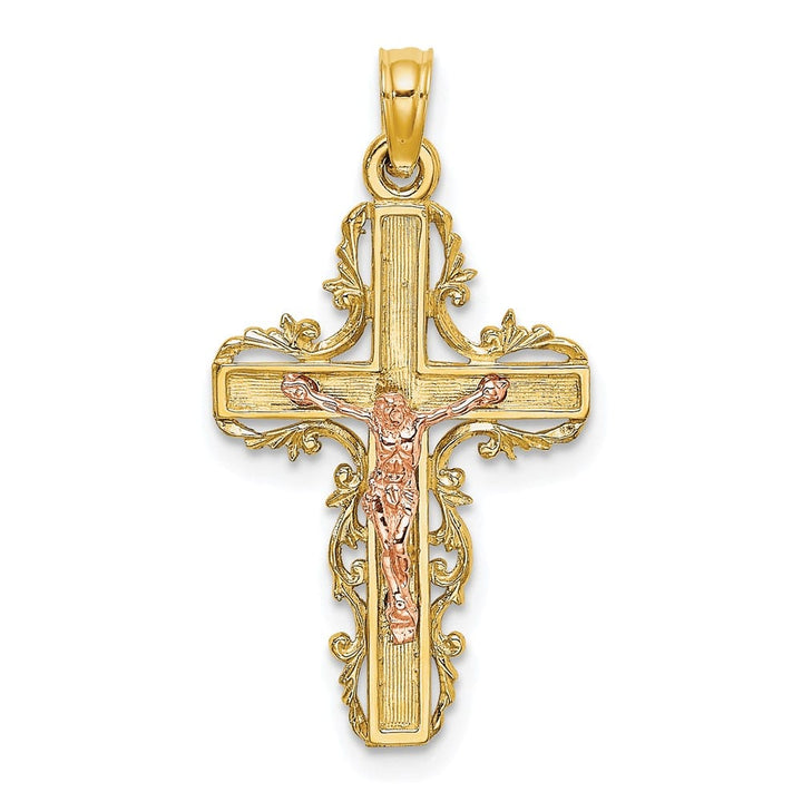10K Two-Tone Gold Solid Polished Large with Lace Trim Crucifix Charm