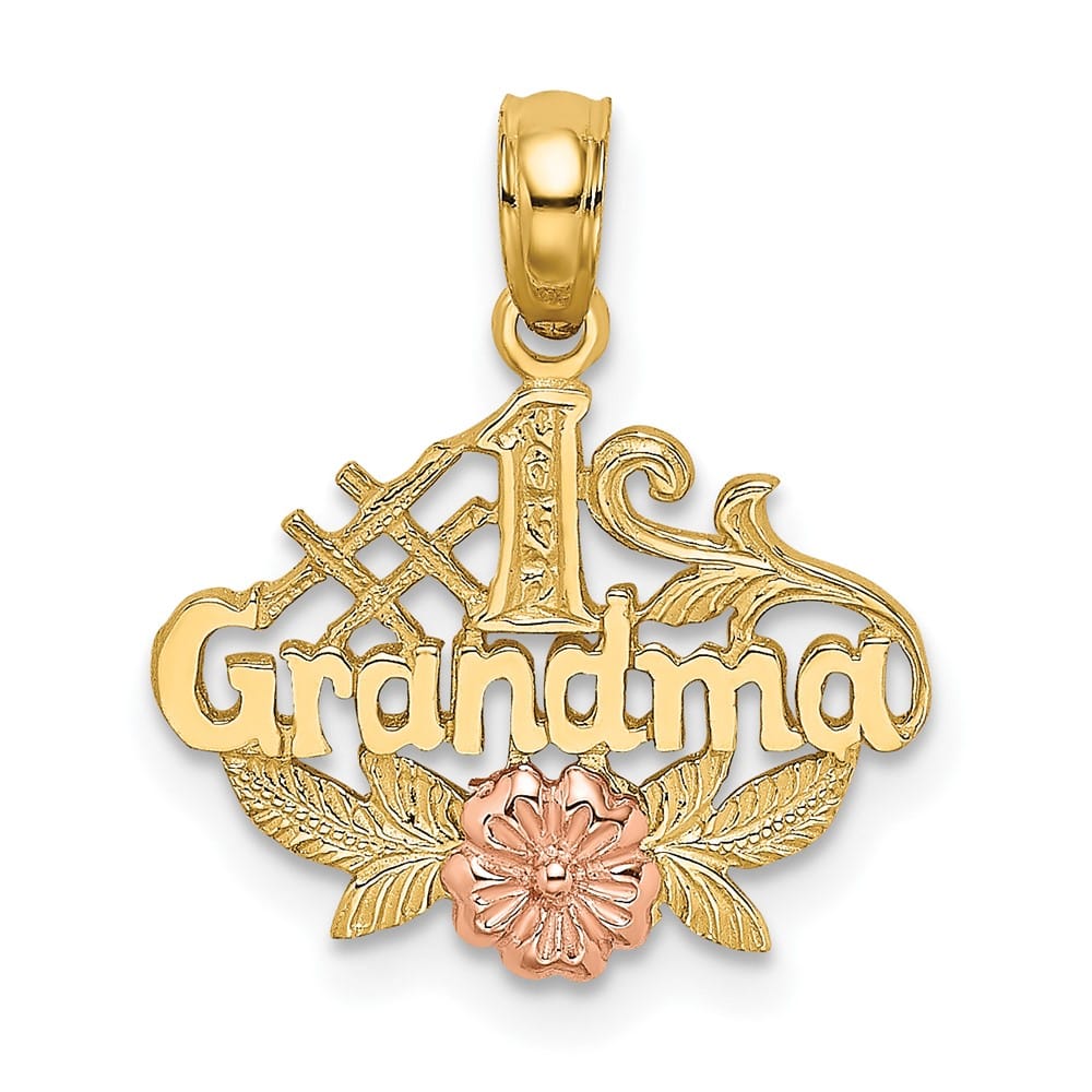 10K Two-Tone Gold Solid Polished Medium #1 GRANDMA with Flower Charm
