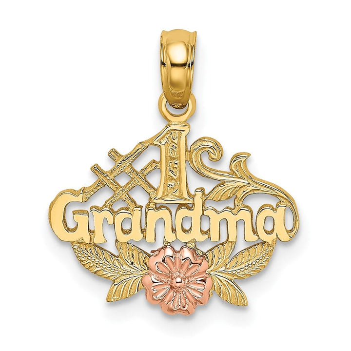 10K Two-Tone Gold Solid Polished Medium #1 GRANDMA with Flower Charm