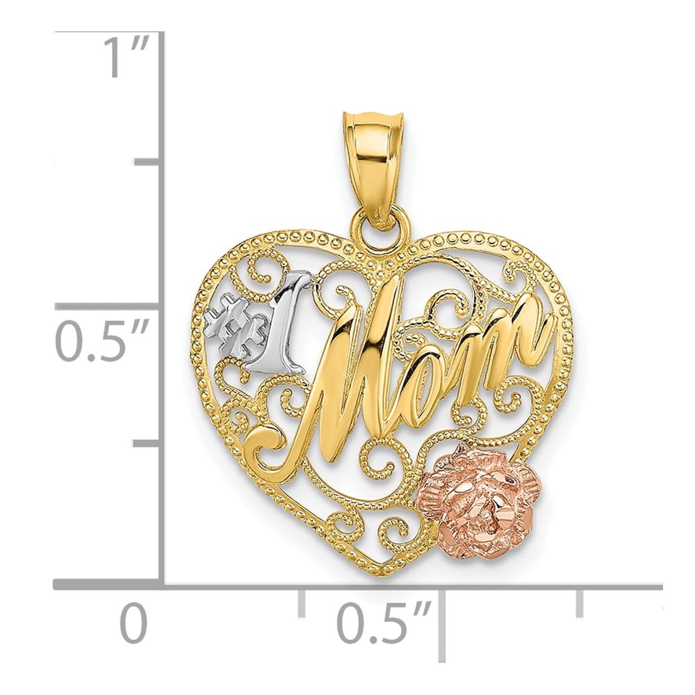 10K Two-Tone Gold Solid Polished Medium #1 MOM in Heart Charm