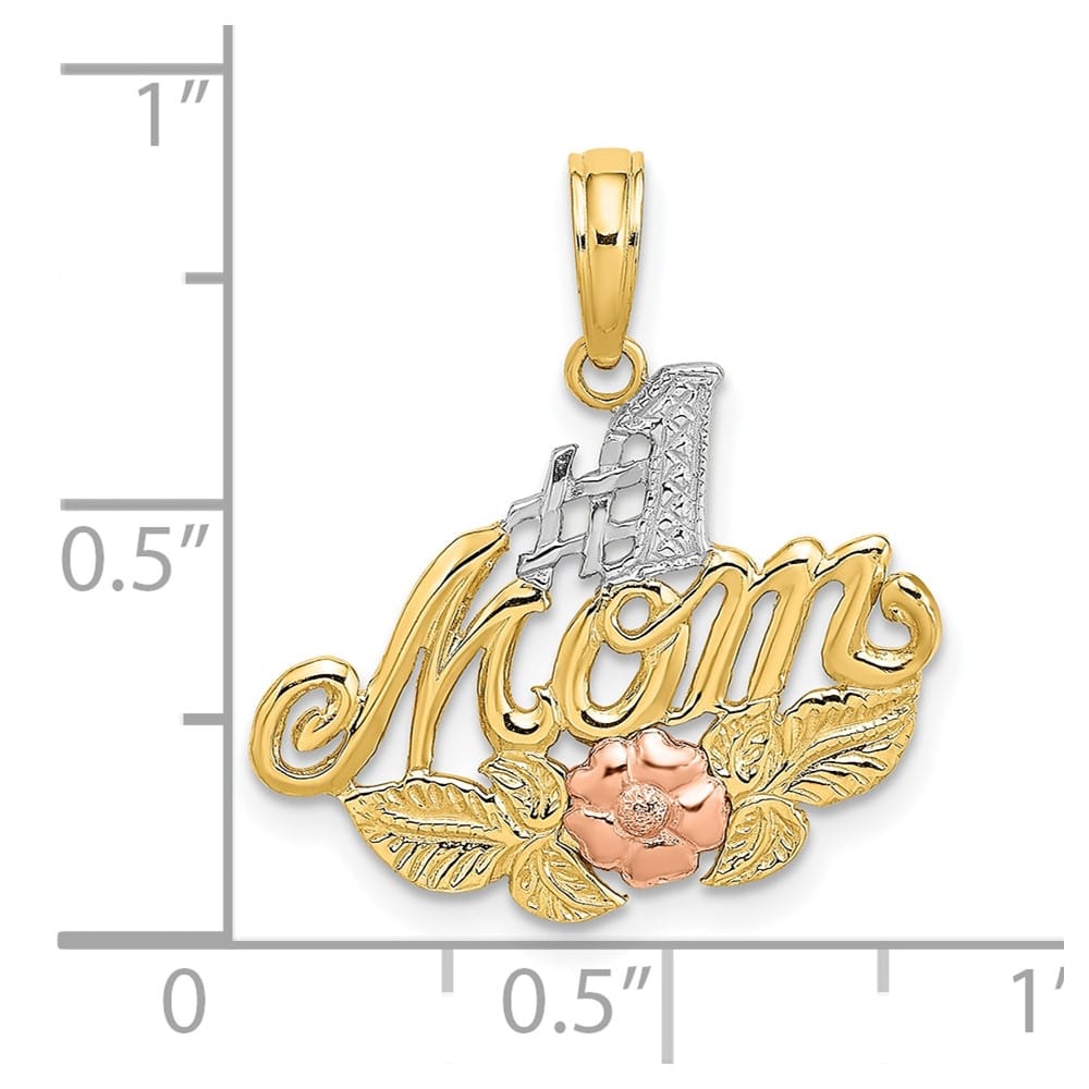 10K Two-Tone Gold Solid Polished Medium #1 MOM with Flower Charm