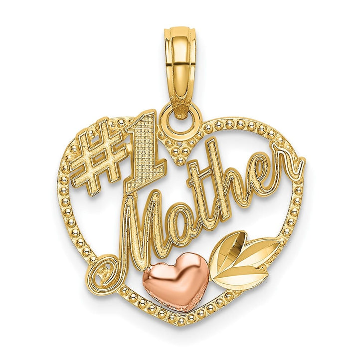 10K Two-Tone Gold Solid Polished Medium #1 Mother in Heart Charm