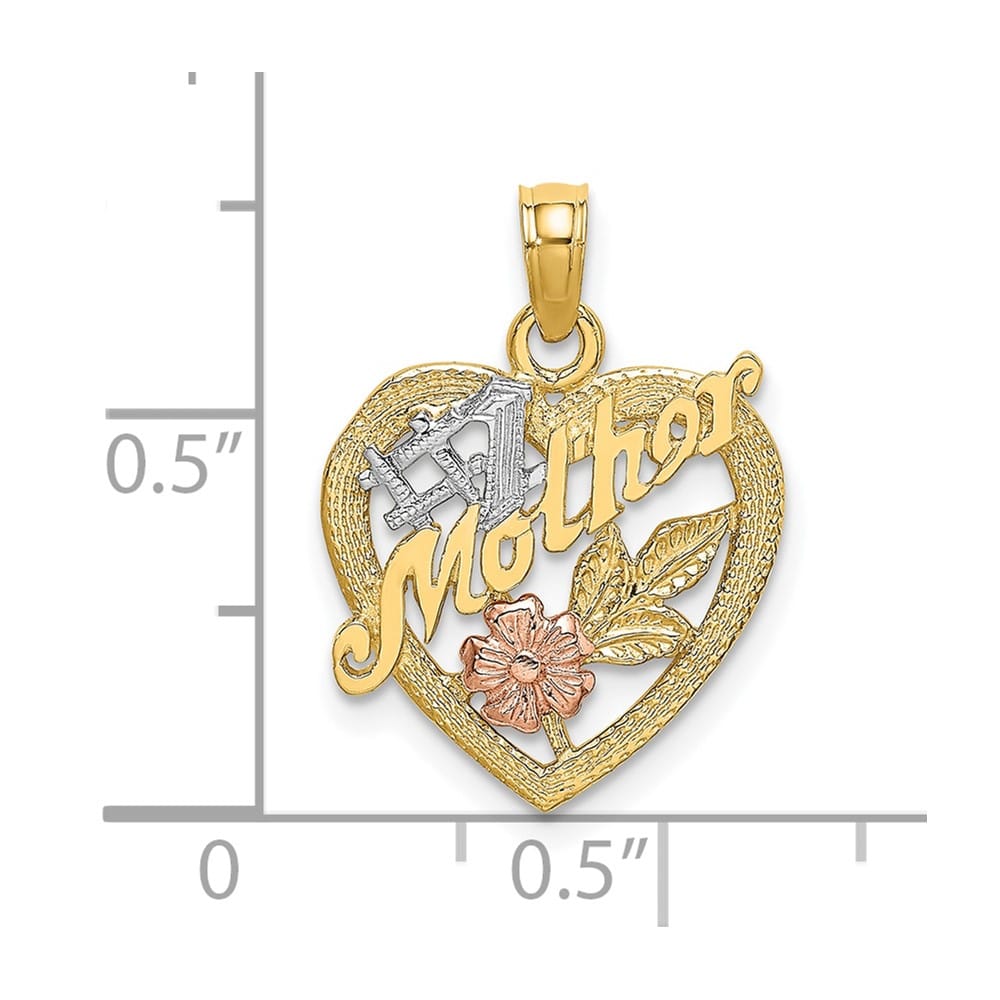10K Two-Tone Gold Solid Polished Medium #1 Mother in Heart Charm