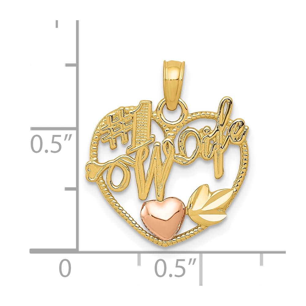 10K Two-Tone Gold Solid Polished Medium #1 Wife Heart Pendant