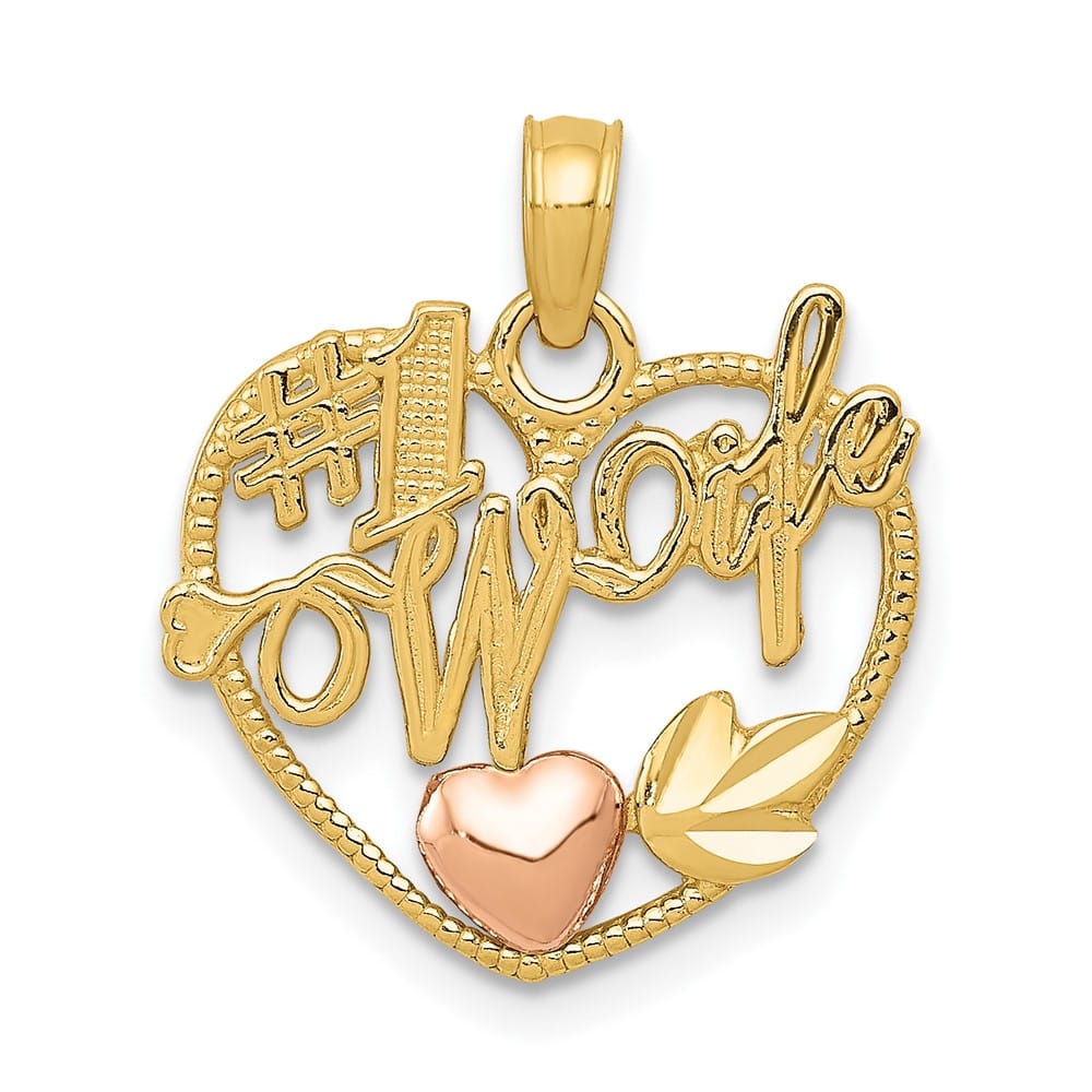 10K Two-Tone Gold Solid Polished Medium #1 Wife Heart Pendant