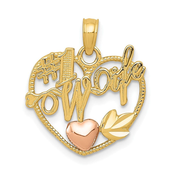 10K Two-Tone Gold Solid Polished Medium #1 Wife Heart Pendant