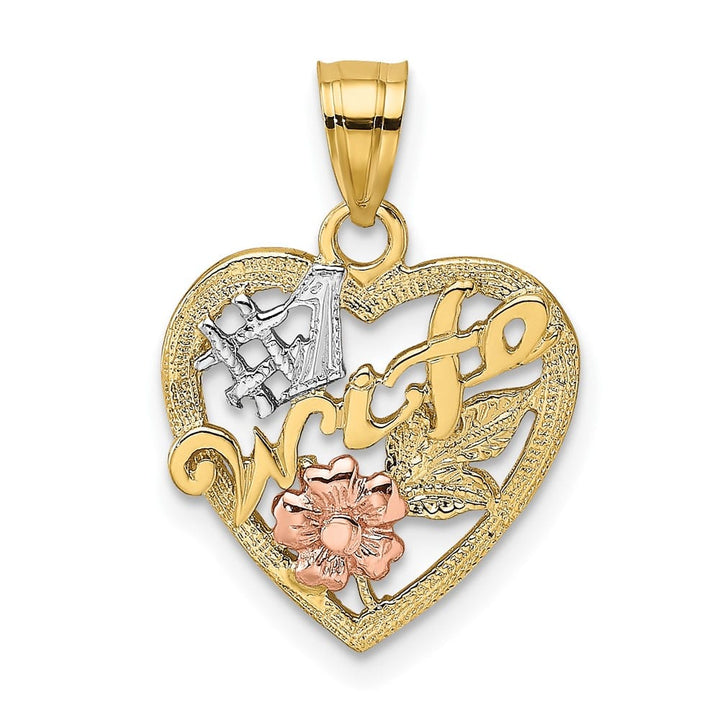 10K Two-Tone Gold Solid Polished Medium #1 Wife in Heart Charm