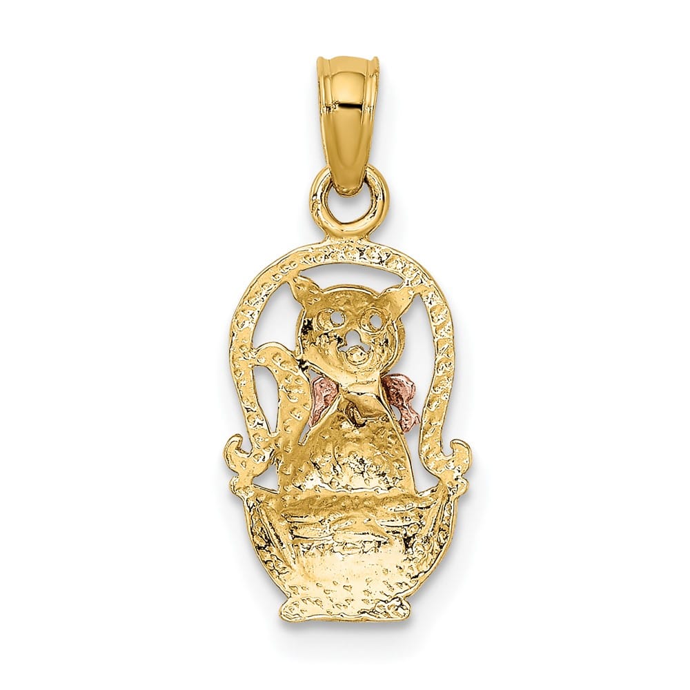 10K Two-Tone Gold Solid Polished Medium Cat with Bow in Basket Charm