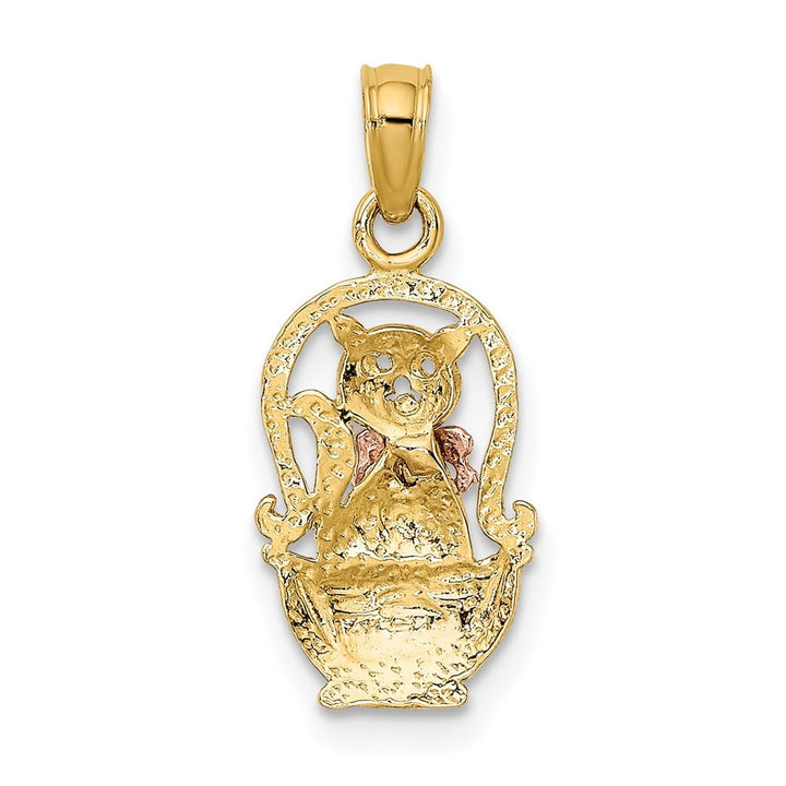 10K Two-Tone Gold Solid Polished Medium Cat with Bow in Basket Charm
