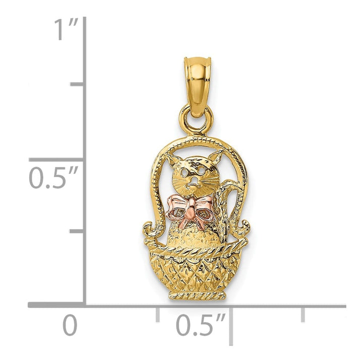 10K Two-Tone Gold Solid Polished Medium Cat with Bow in Basket Charm