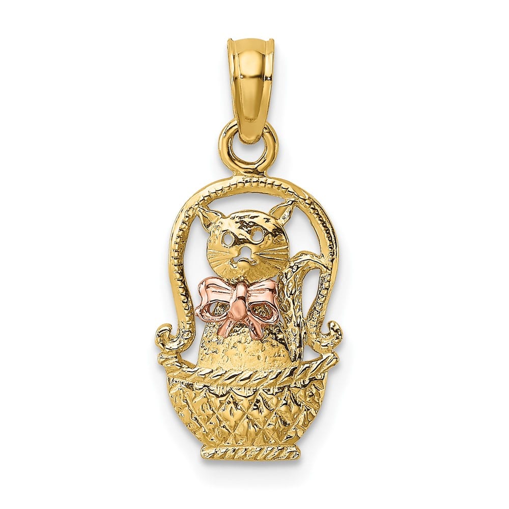 10K Two-Tone Gold Solid Polished Medium Cat with Bow in Basket Charm