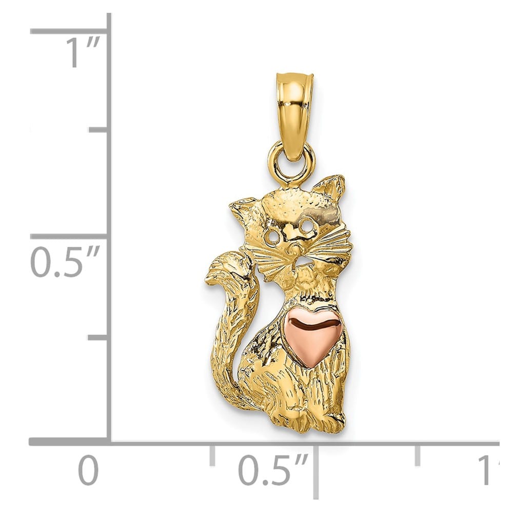 10K Two-Tone Gold Solid Polished Medium Cat with Heart Charm