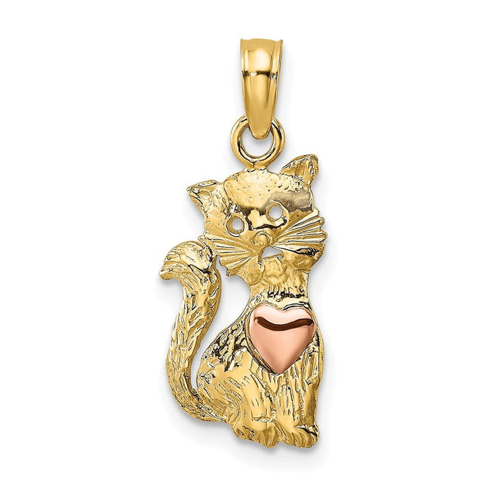 10K Two-Tone Gold Solid Polished Medium Cat with Heart Charm