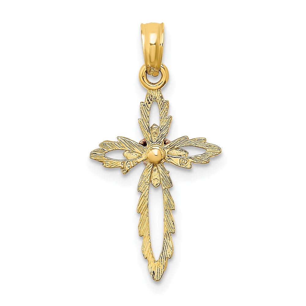 10K Two-Tone Gold Solid Polished Medium Cross with Heart Center Charm