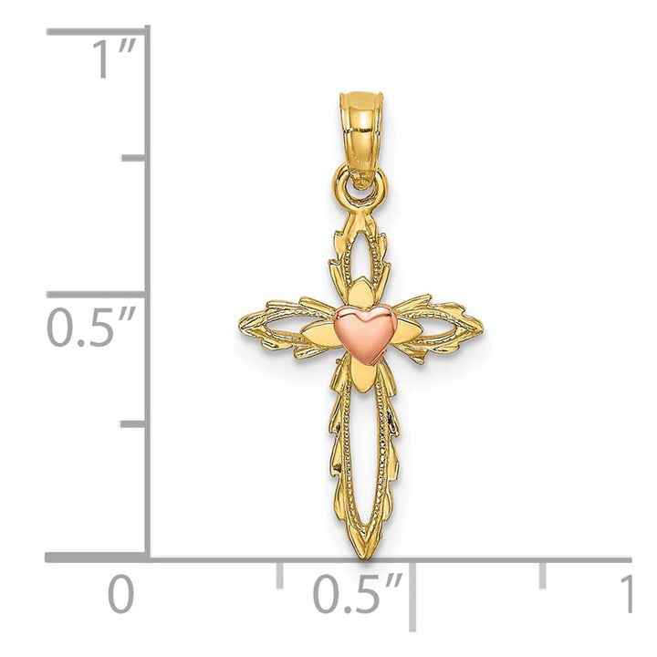 10K Two-Tone Gold Solid Polished Medium Cross with Heart Center Charm