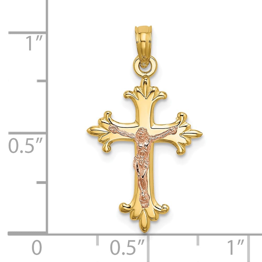 10K Two-Tone Gold Solid Polished Medium Fleur de Lis Crucifix Charm