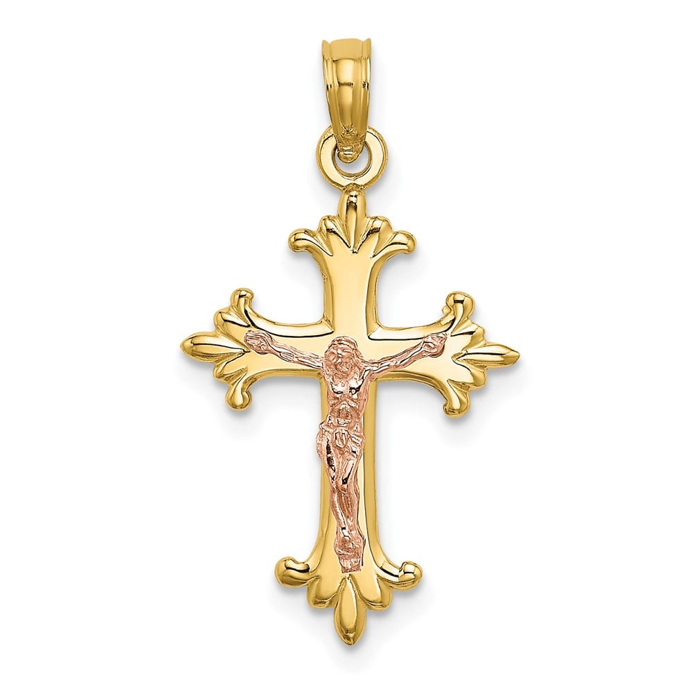 10K Two-Tone Gold Solid Polished Medium Fleur de Lis Crucifix Charm