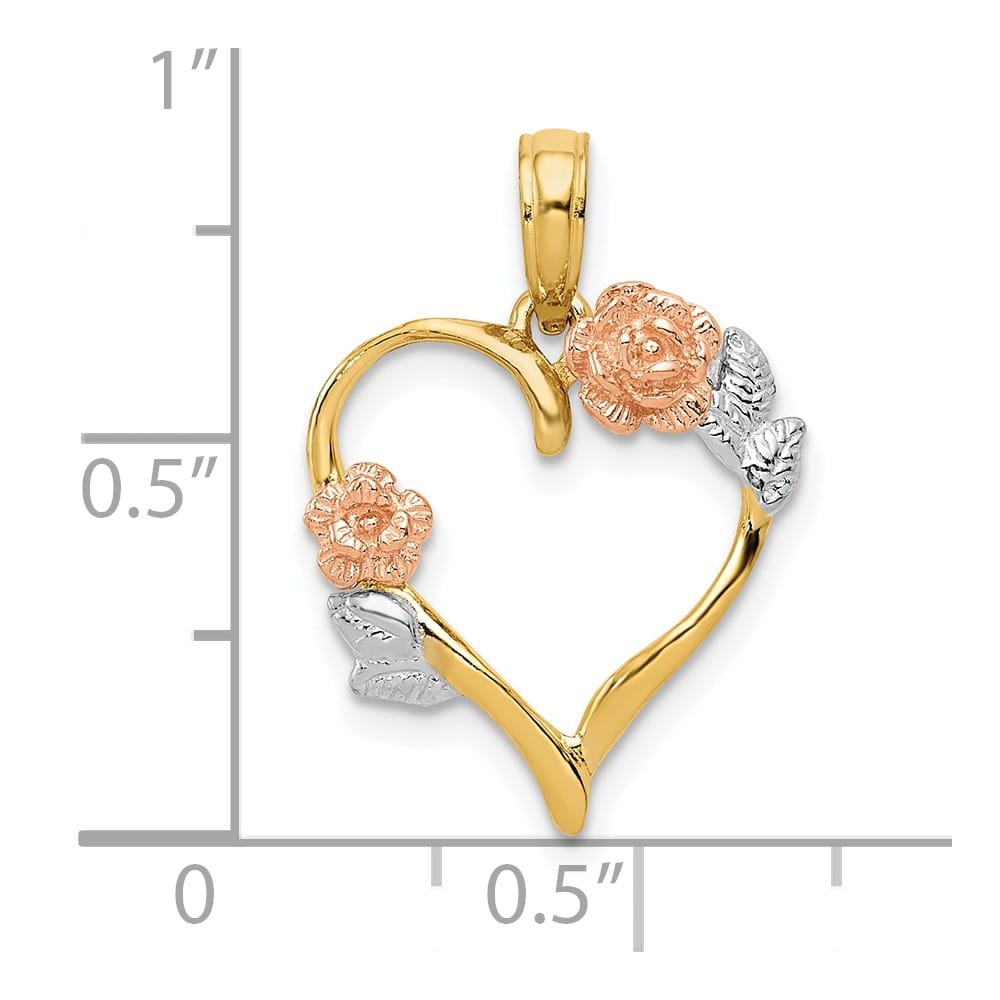 10K Two-Tone Gold Solid Polished Medium Flower Heart Pendant