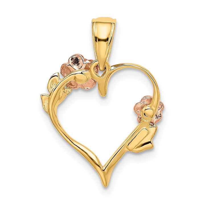 10K Two-Tone Gold Solid Polished Medium Flower Heart Pendant