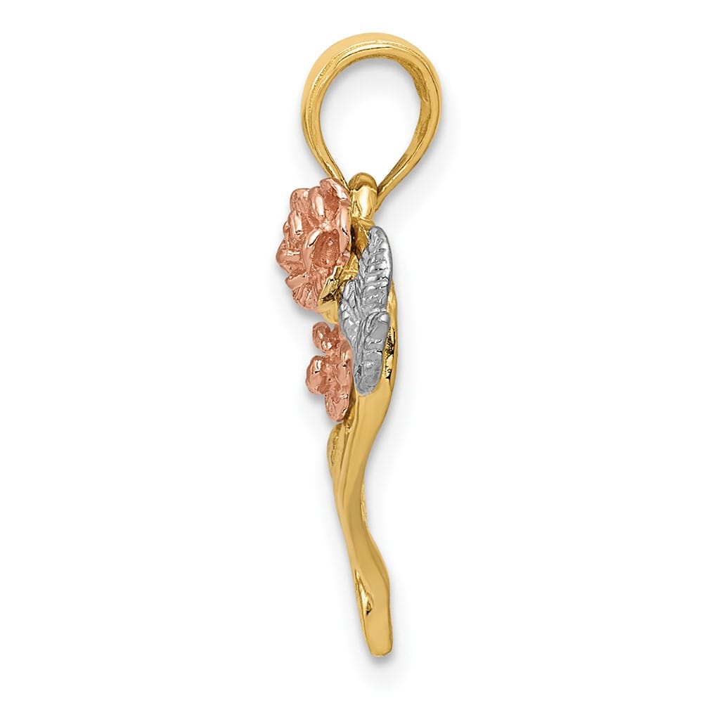 10K Two-Tone Gold Solid Polished Medium Flower Heart Pendant