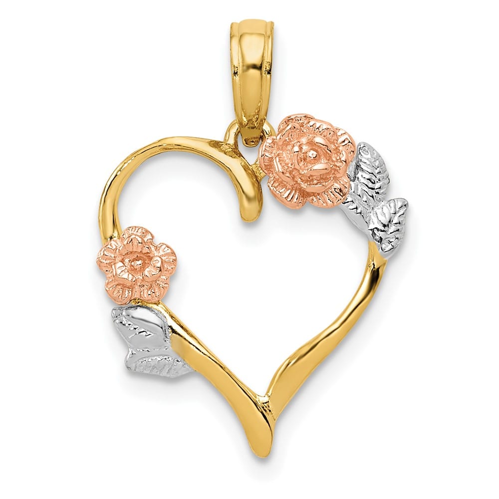 10K Two-Tone Gold Solid Polished Medium Flower Heart Pendant
