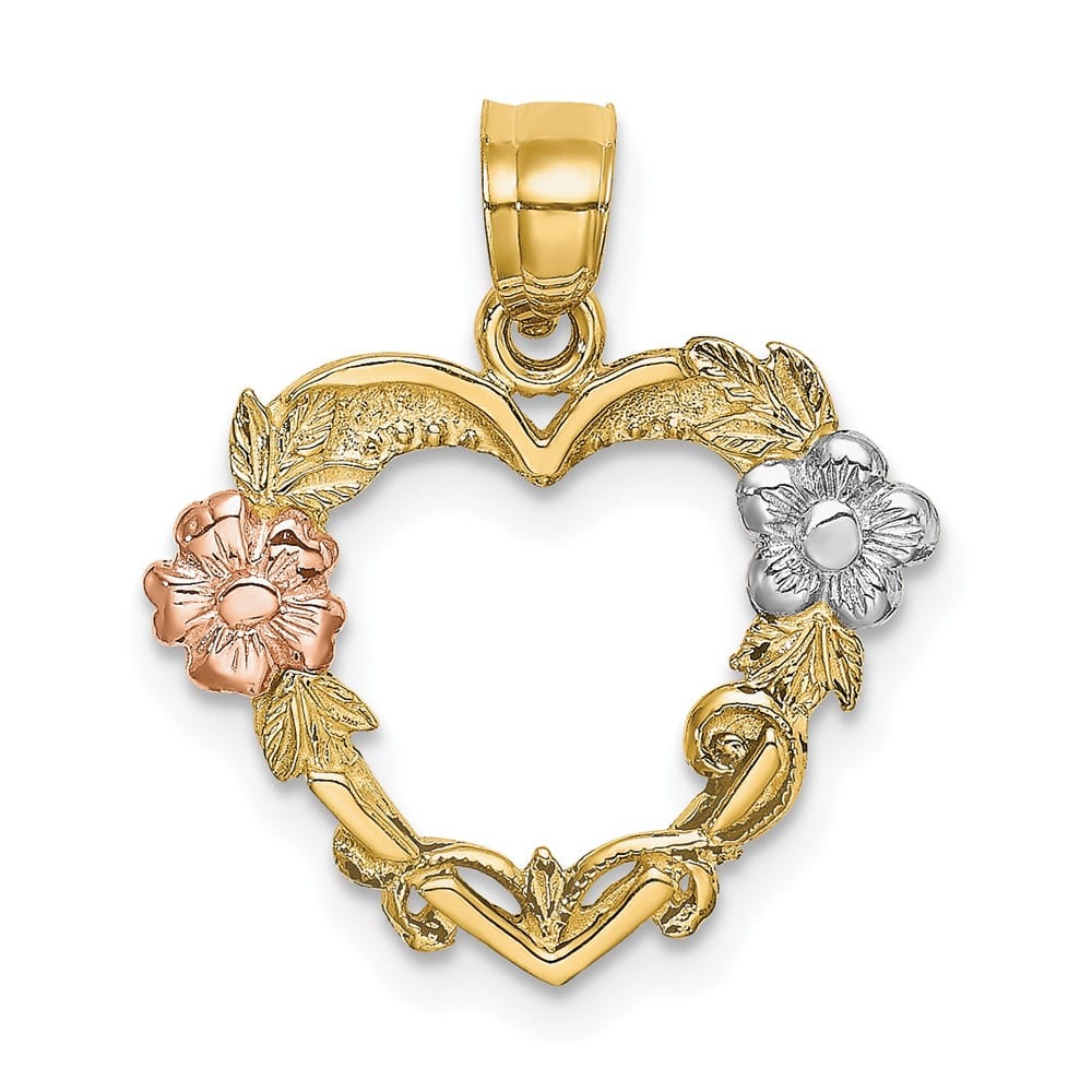 10K Two-Tone Gold Solid Polished Medium Flower in Heart Charm