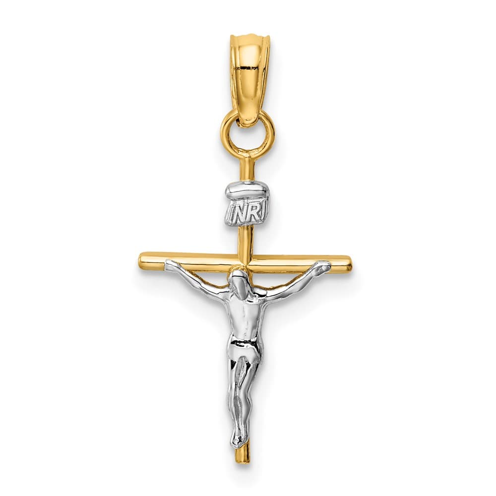 10K Two-Tone Gold Solid Polished Medium INRI Crucifix Pendant