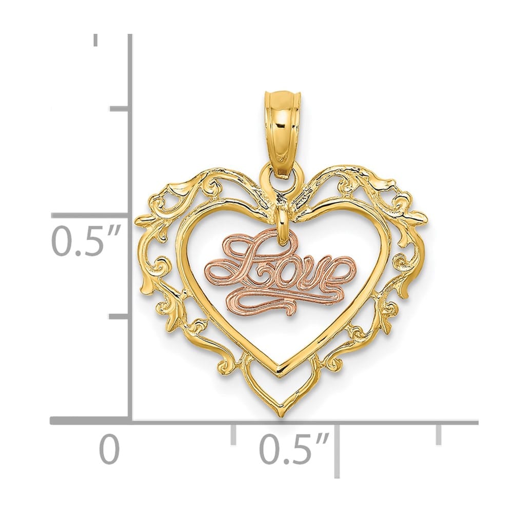 10K Two-Tone Gold Solid Polished Medium Love in Heart Charm
