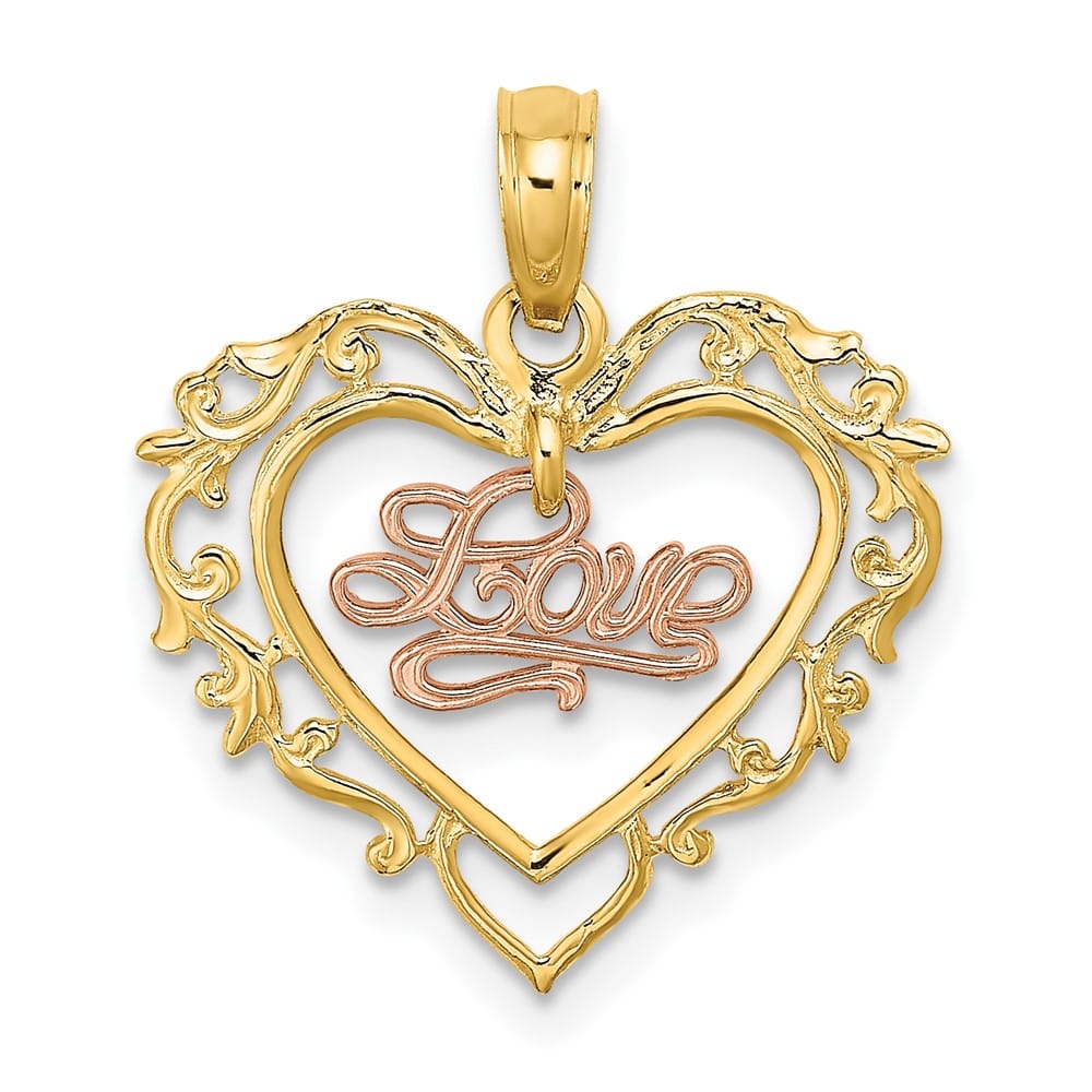 10K Two-Tone Gold Solid Polished Medium Love in Heart Charm