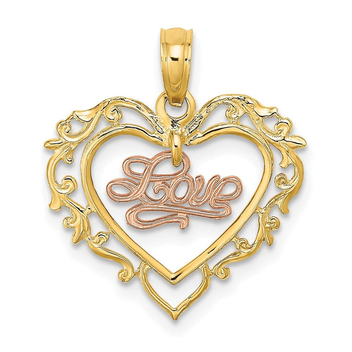 10K Two-Tone Gold Solid Polished Medium Love in Heart Charm
