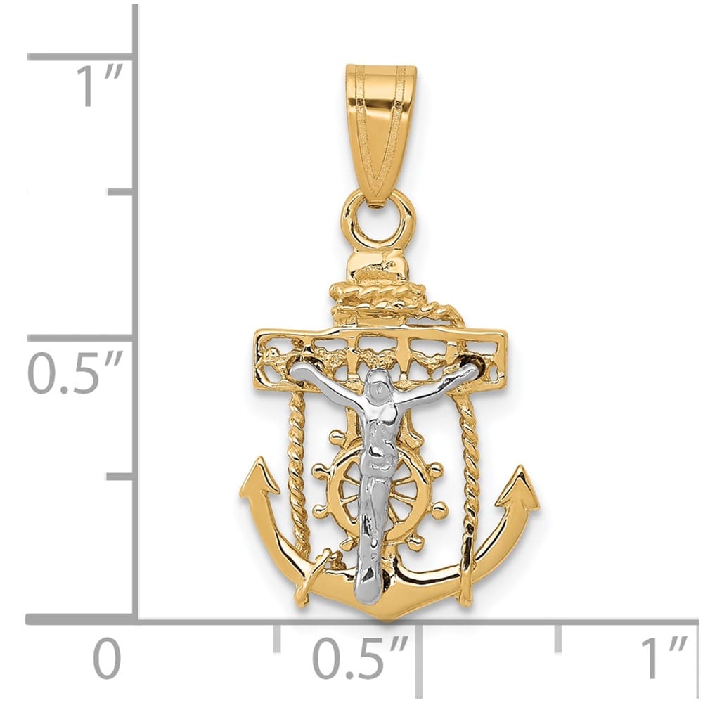 10K Two-Tone Gold Solid Polished Medium Mariner's Crucifix Pendant