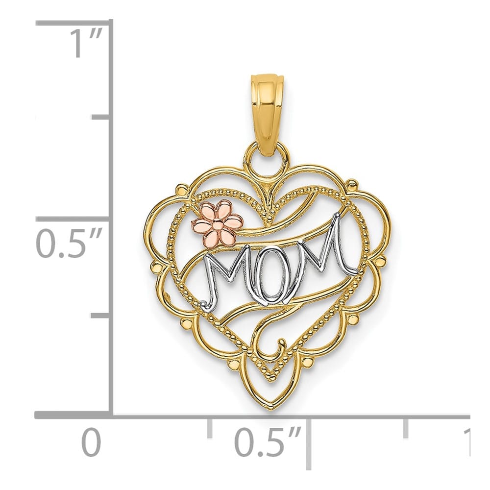 10K Two-Tone Gold Solid Polished Medium MOM in Heart with Flower Charm