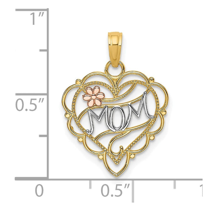 10K Two-Tone Gold Solid Polished Medium MOM in Heart with Flower Charm