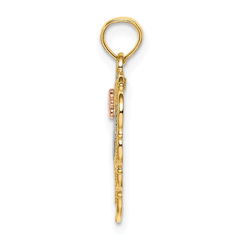 10K Two-Tone Gold Solid Polished Medium MOM in Heart with Flower Charm