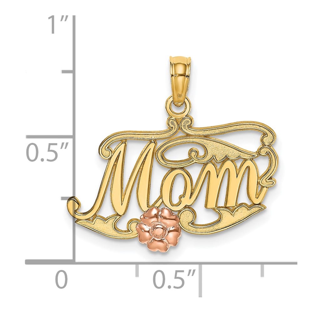 10K Two-Tone Gold Solid Polished Medium MOM Script and Flower Charm