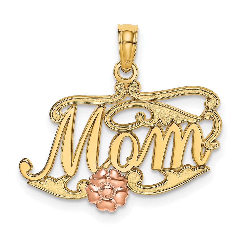 10K Two-Tone Gold Solid Polished Medium MOM Script and Flower Charm