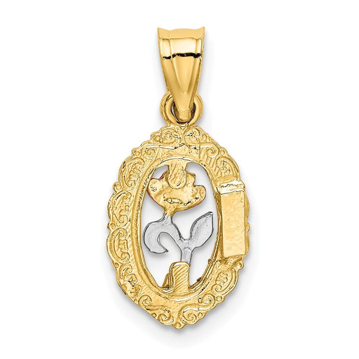 10K Two-Tone Gold Solid Polished Medium Rose in Oval Frame Charm