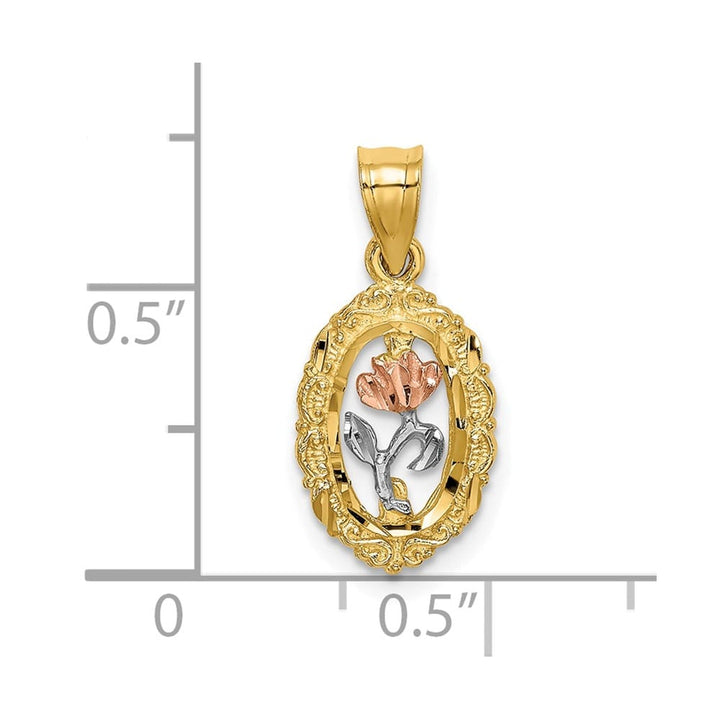 10K Two-Tone Gold Solid Polished Medium Rose in Oval Frame Charm