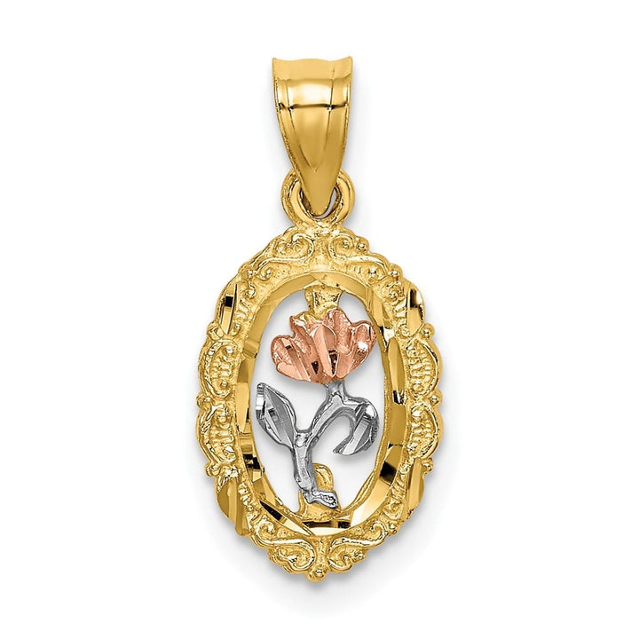 10K Two-Tone Gold Solid Polished Medium Rose in Oval Frame Charm