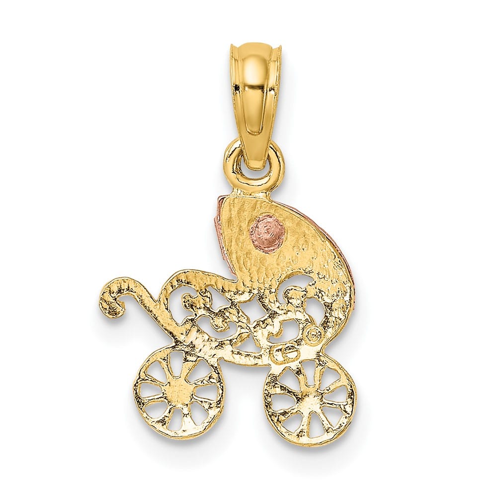 10K Two-Tone Gold Solid Polished Small Baby Carriage with Visor Charm