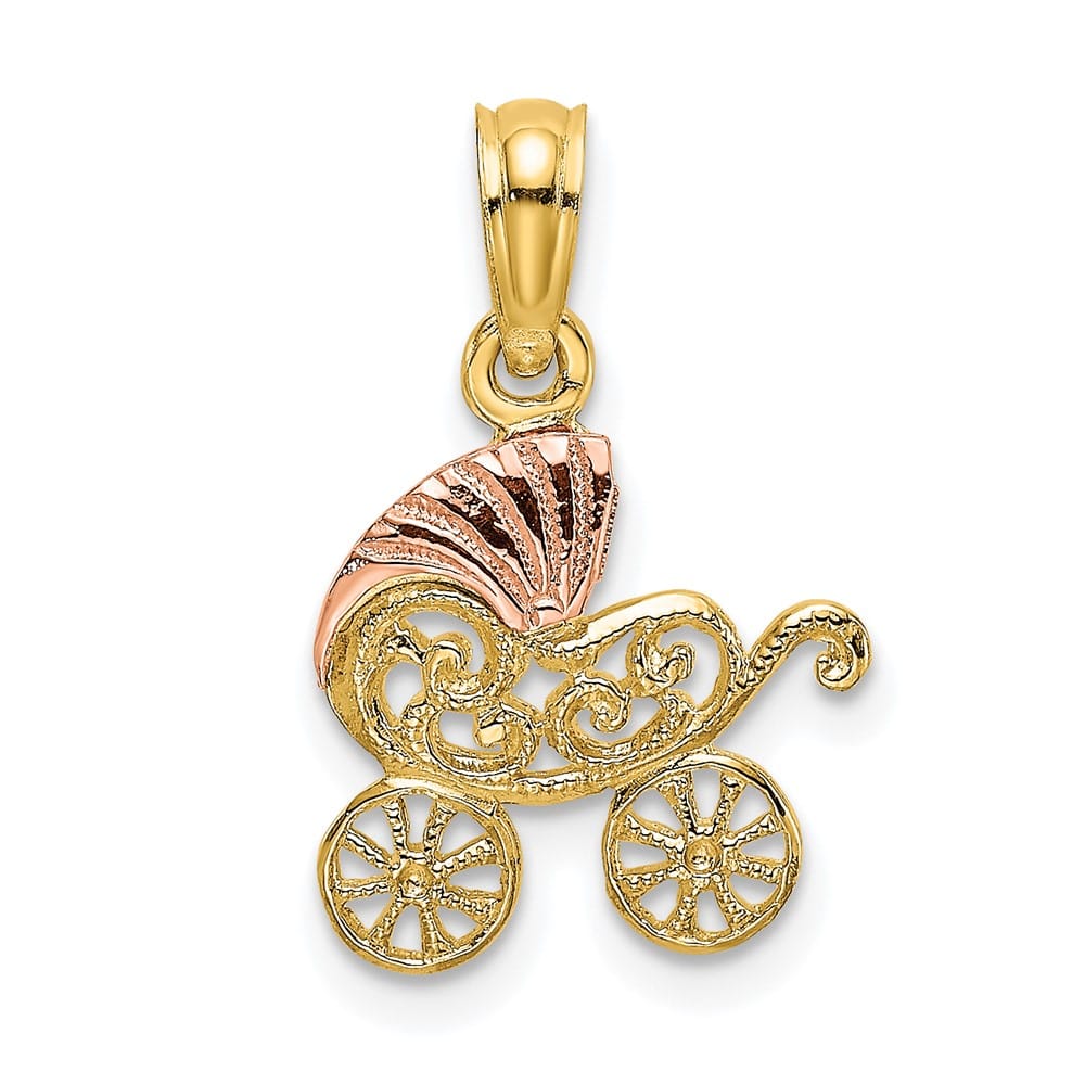10K Two-Tone Gold Solid Polished Small Baby Carriage with Visor Charm