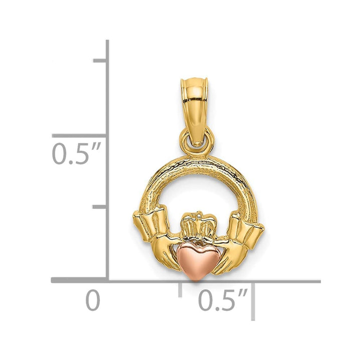 10K Two-Tone Gold Solid Polished Small Claddagh with Heart Charm