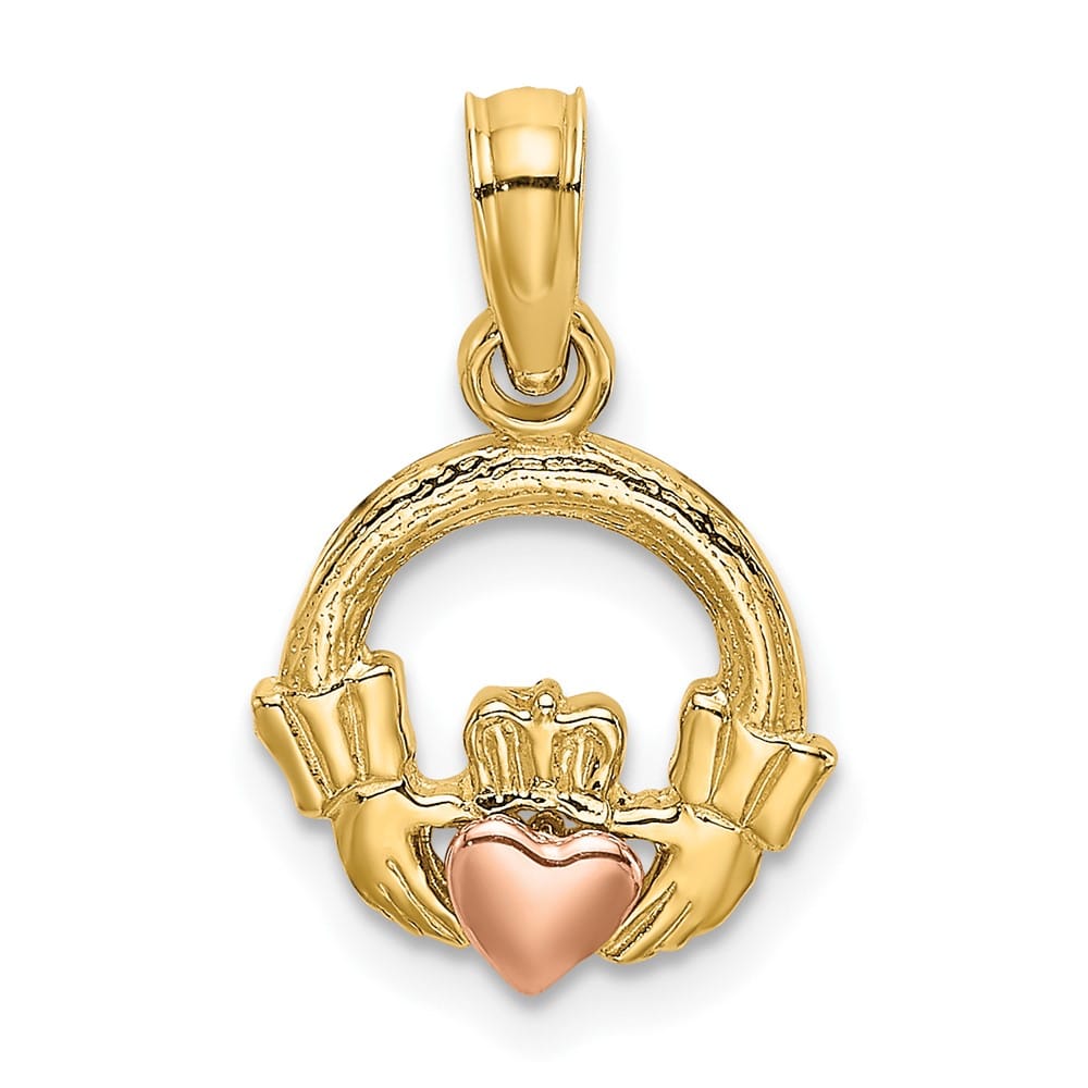 10K Two-Tone Gold Solid Polished Small Claddagh with Heart Charm
