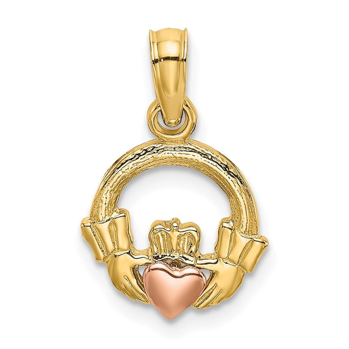 10K Two-Tone Gold Solid Polished Small Claddagh with Heart Charm