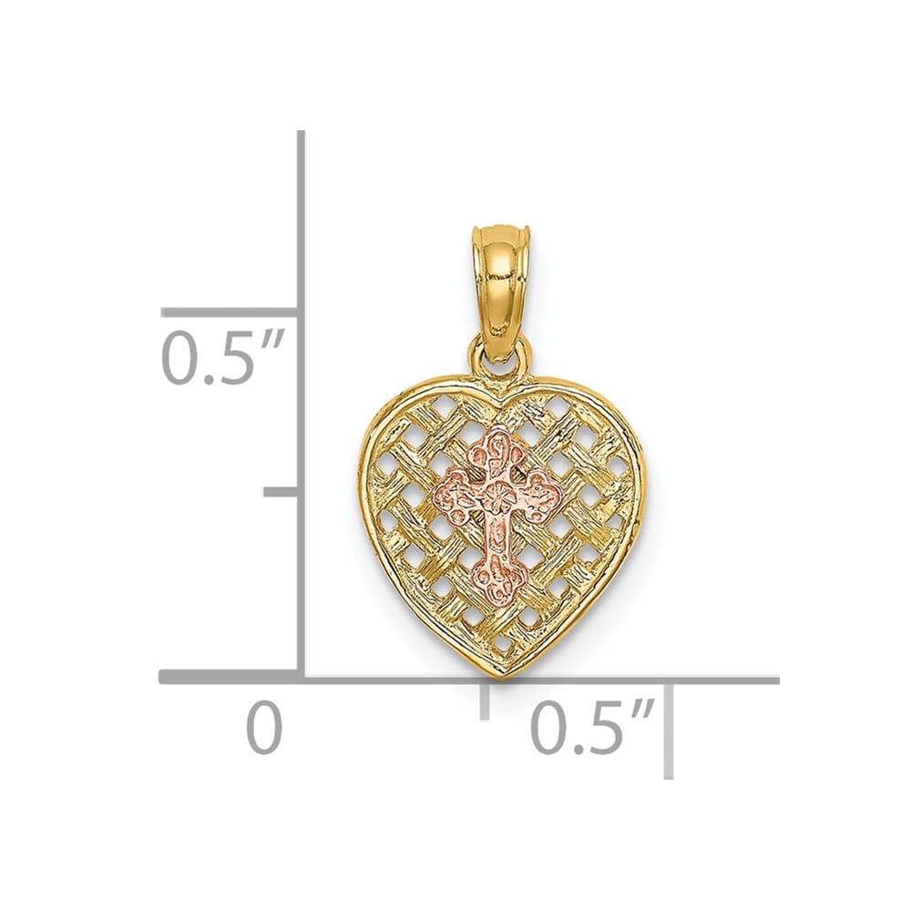 10K Two-Tone Gold Solid Polished Small Cross on Woven Heart Charm
