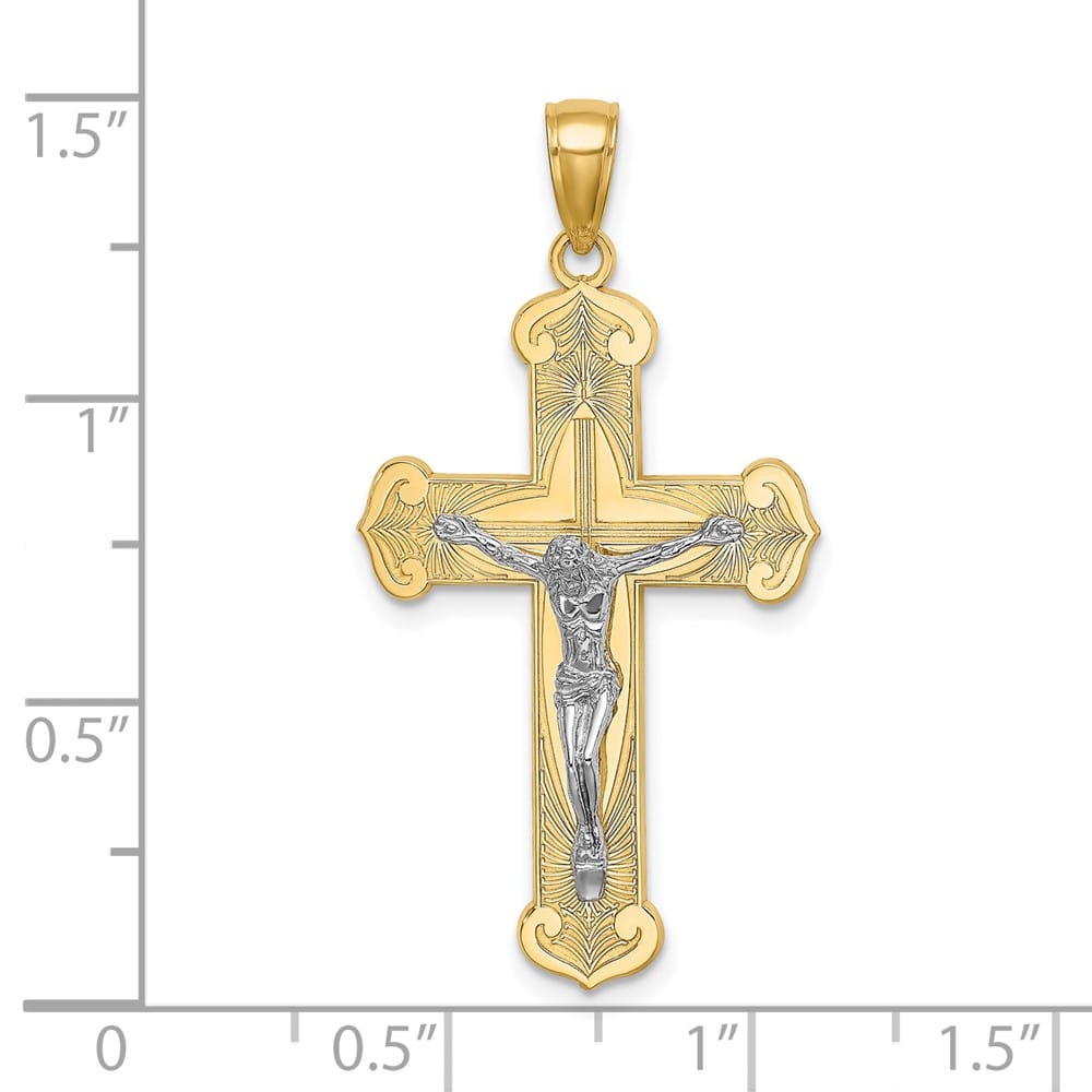 10K Two-Tone Gold Solid Polished Textured Large Crucifix Charm