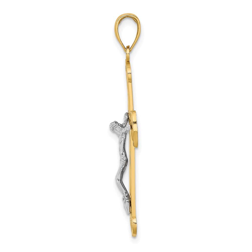 10K Two-Tone Gold Solid Polished Textured Large Crucifix Charm