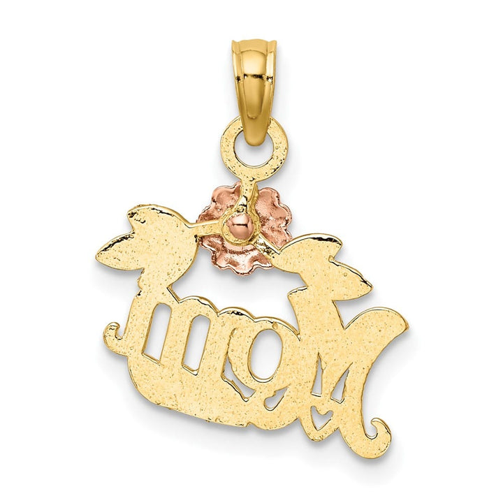 10K Two-Tone Gold Solid Polished Textured Medium MOM and Flower Charm