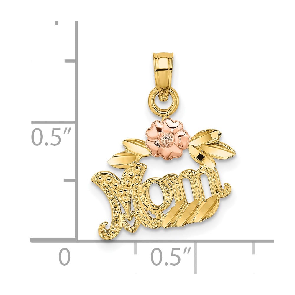 10K Two-Tone Gold Solid Polished Textured Medium MOM and Flower Charm